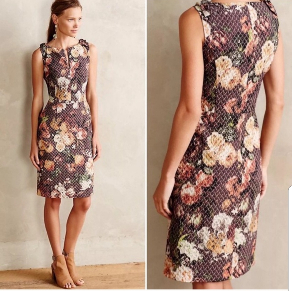 Anthropologie Floral Textured Sheath Dress in Brown, Cream, Pink